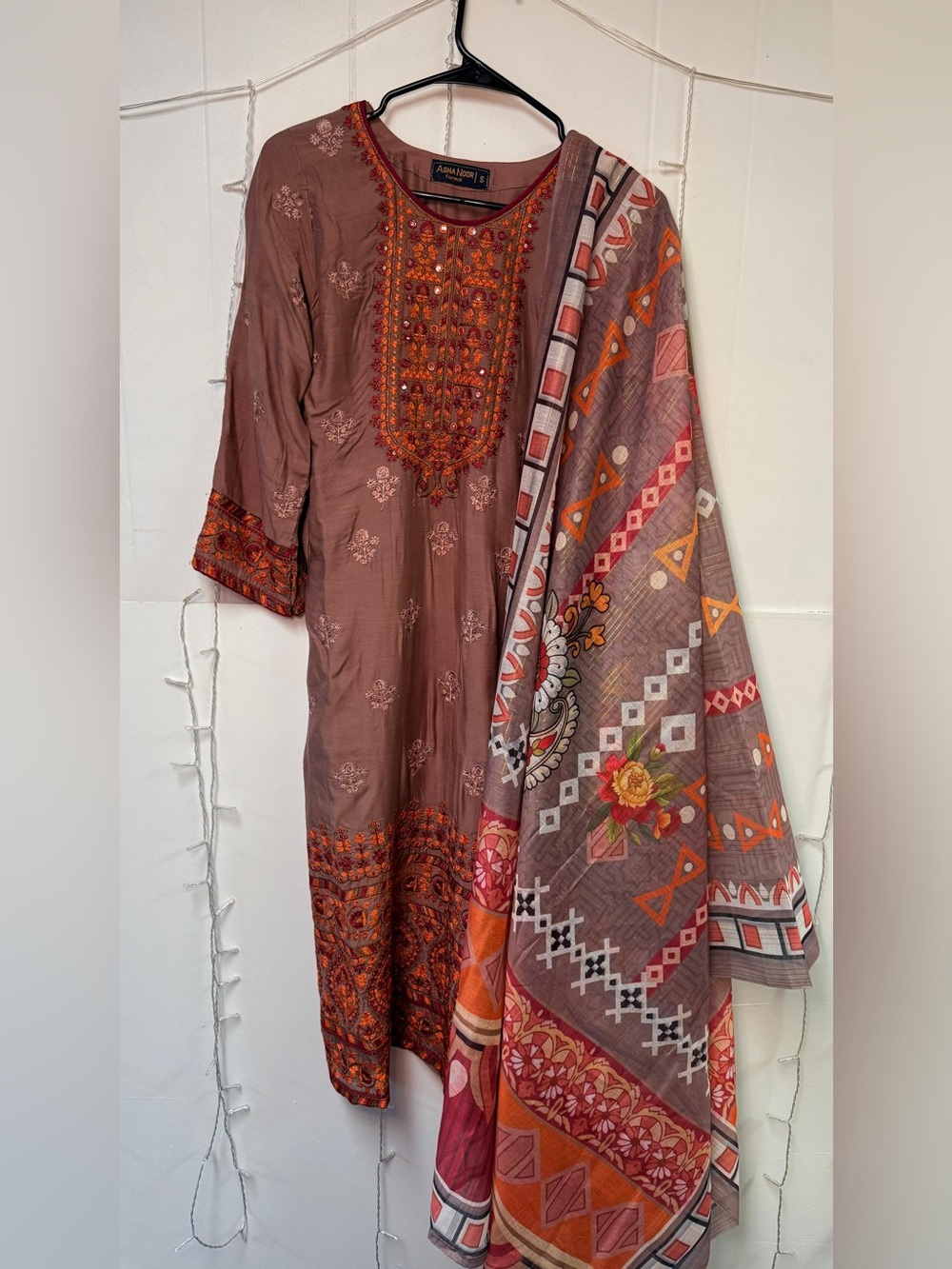 Embroidered Brown & Orange Women's Kurta Dress with Printed Shawl